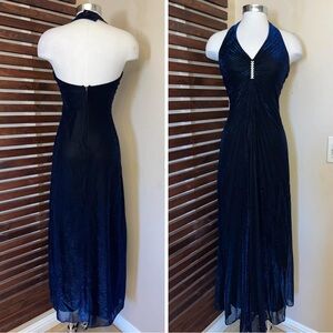 1970s 1980s Vintage Blue Lurex Metallic V-neck Rhinestone Pleated Halter Dress